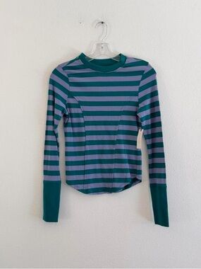 Maeve Striped Long-Sleeve Crewneck Top in Teal and Lavender